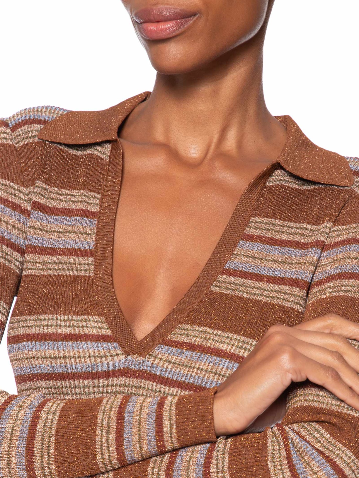 Vestido Listrado Com Lurex Decote V Gola – Marrom Animale