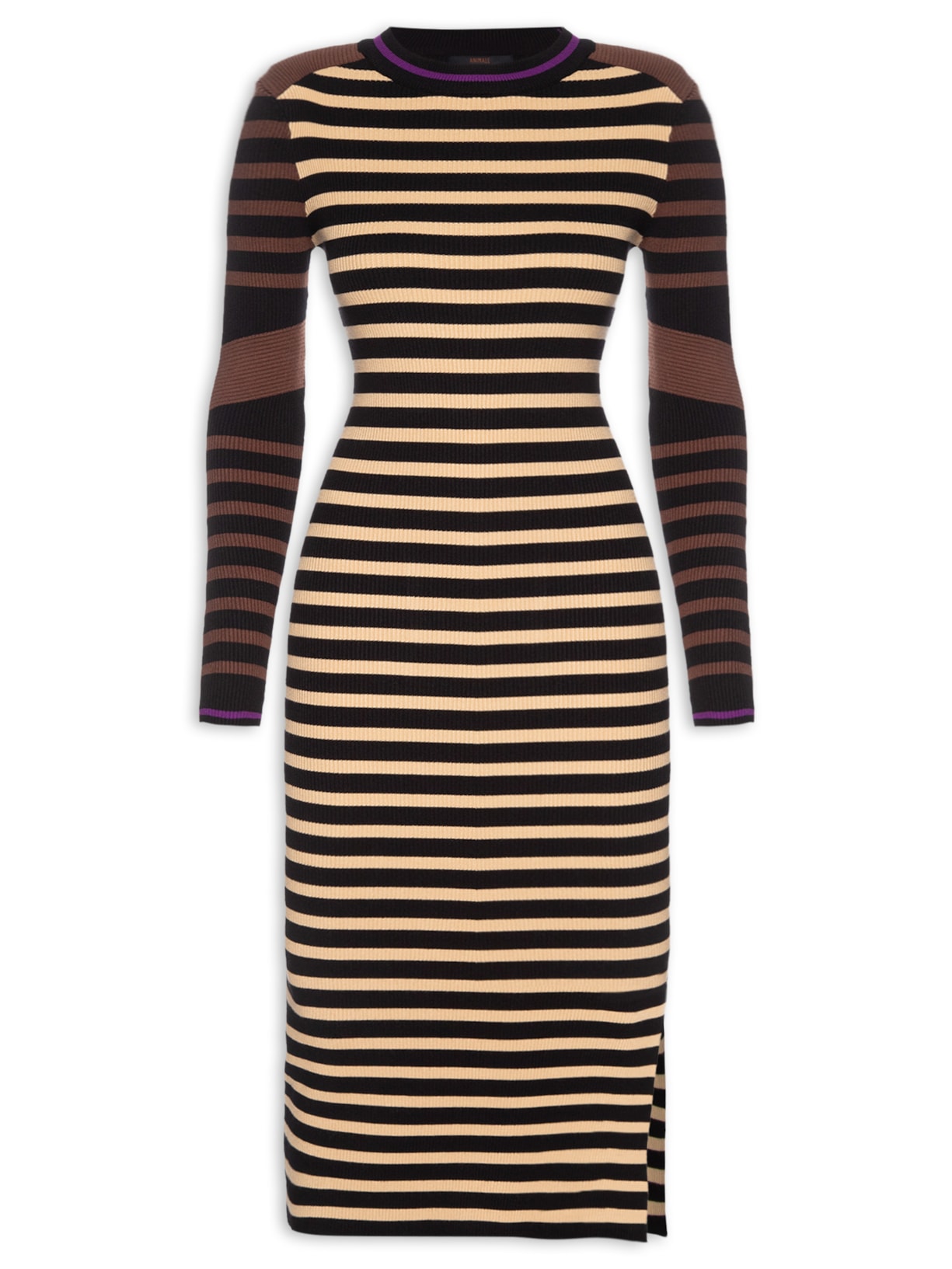 Vestido Listras Detalhe Punho Tricot Preto Animale