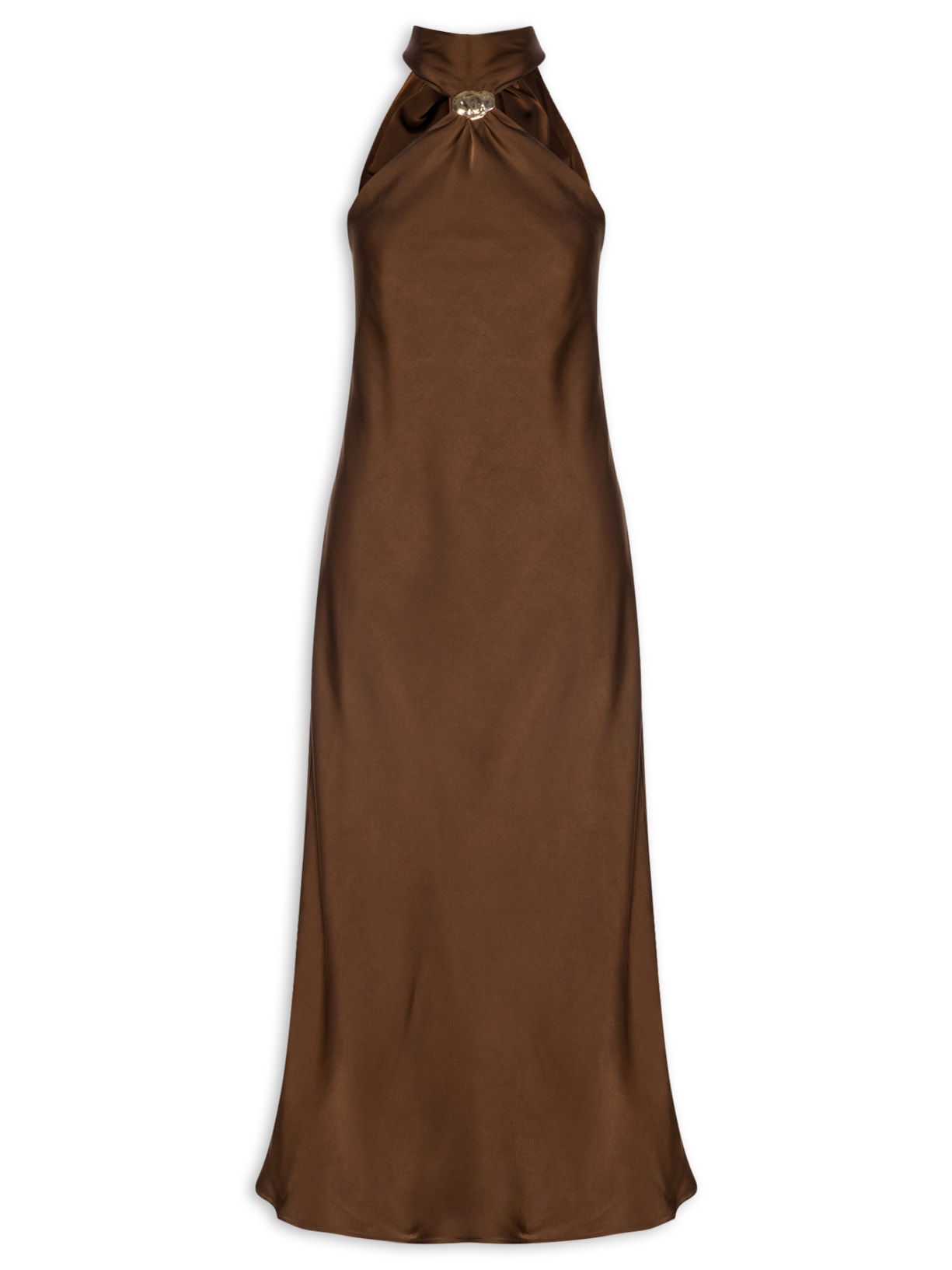 Vestido Longo Acetinado Com Detalhe Em Metal Marrom '2Essential