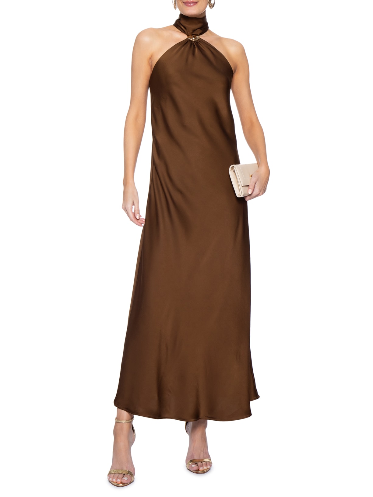 Vestido Longo Acetinado Com Detalhe Em Metal Marrom '2Essential