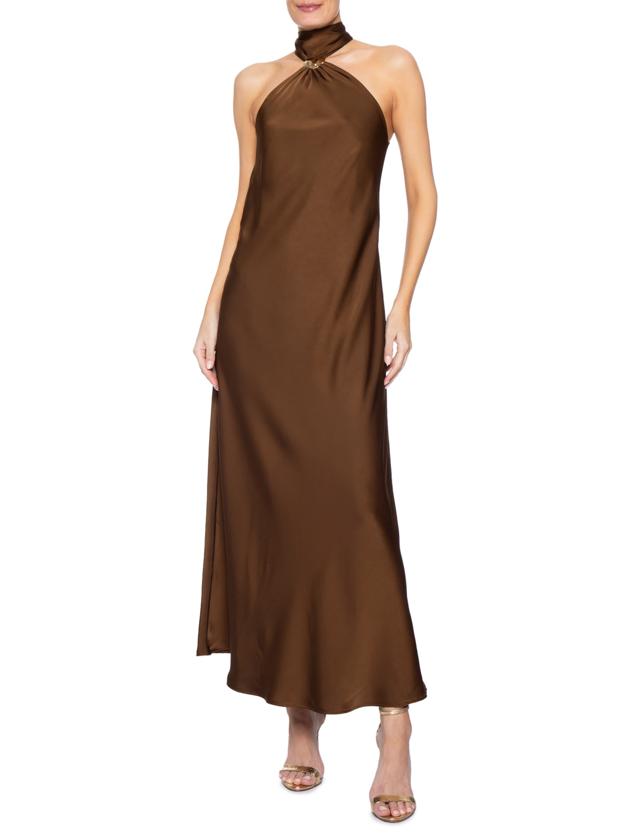 Vestido Longo Acetinado Com Detalhe Em Metal Marrom '2Essential