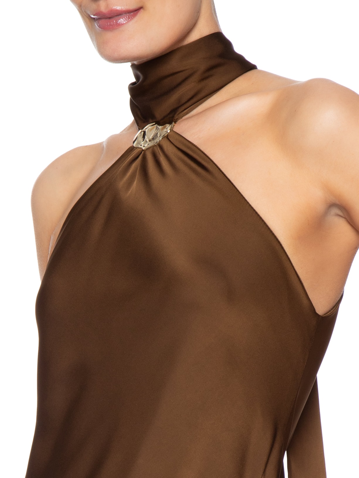 Vestido Longo Acetinado Com Detalhe Em Metal Marrom '2Essential