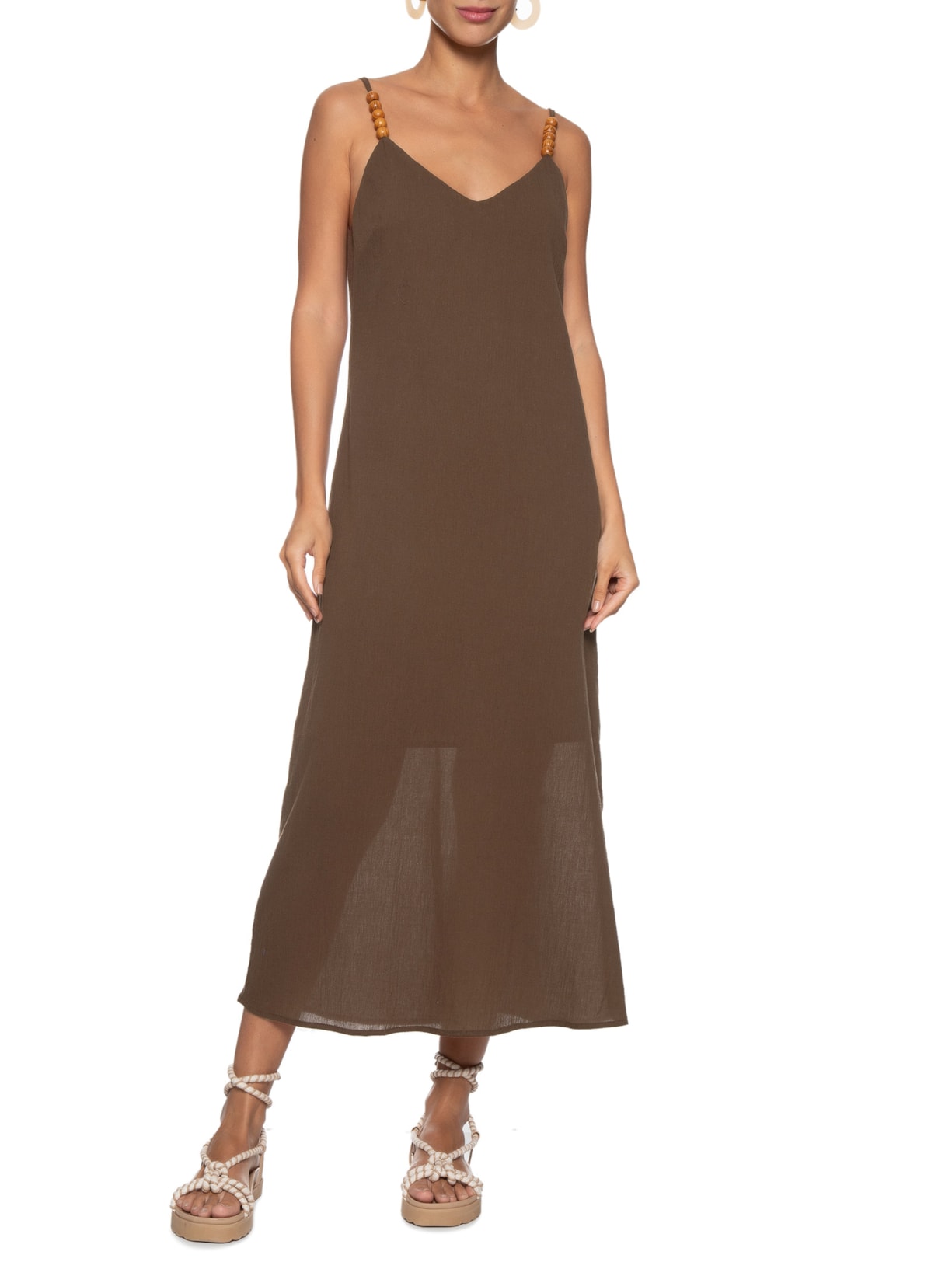 Vestido Longo Alça Com Contas Marrom Basiq