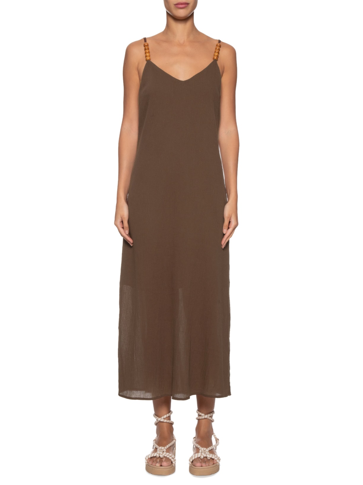 Vestido Longo Alça Com Contas Marrom Basiq