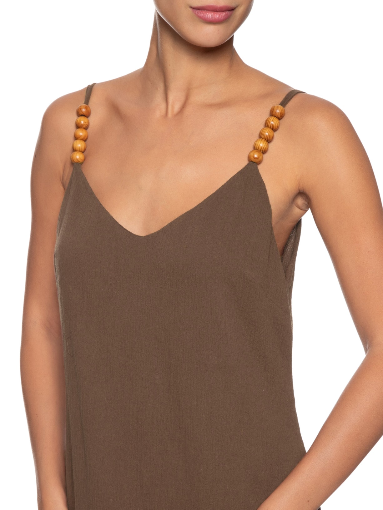 Vestido Longo Alça Com Contas Marrom Basiq
