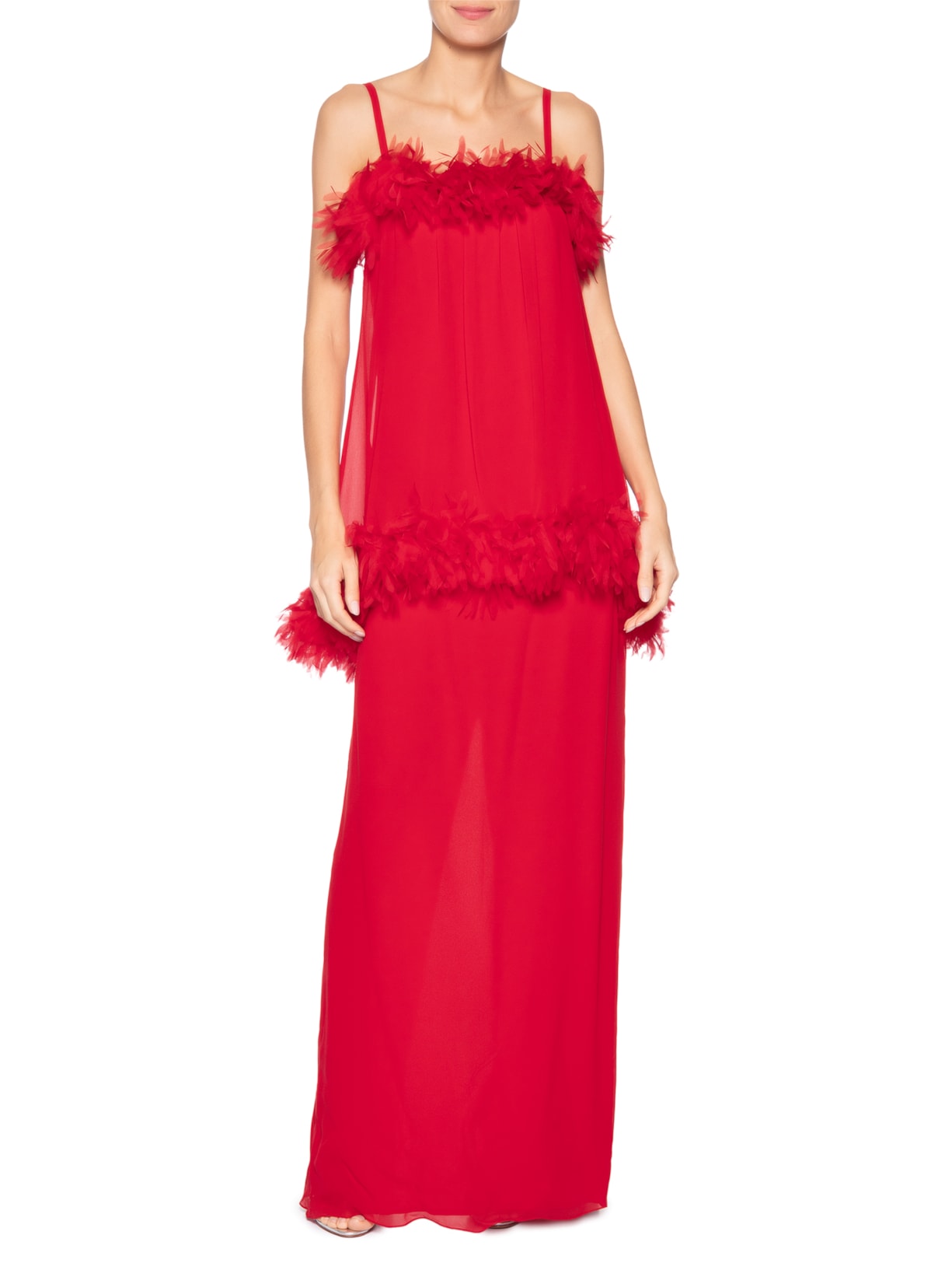 Vestido Longo Alça com Flores – Vermelho Reinaldo Lourenço