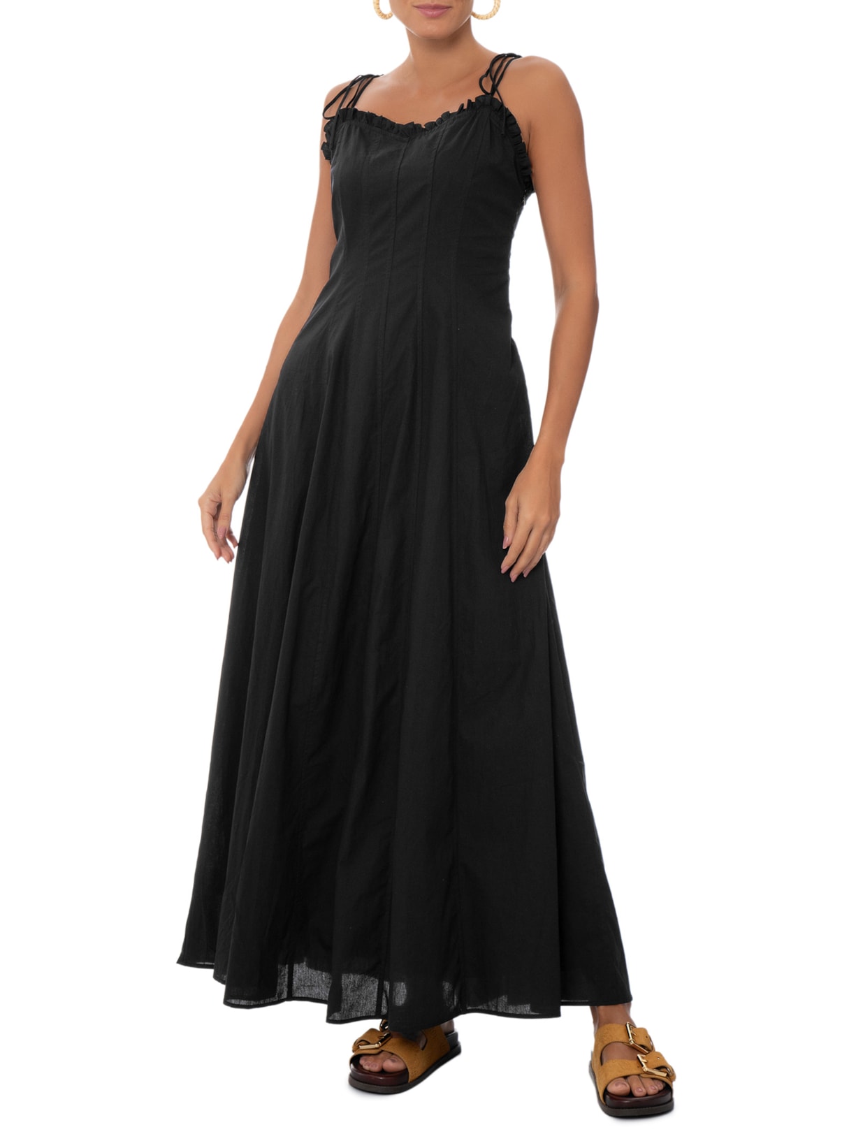 Vestido Longo Alça de Amarrar Preto Basiq