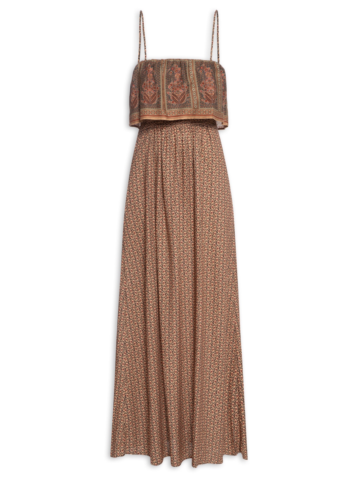 Vestido Longo Alça Estampa Yve Liberty - Marrom