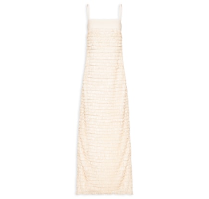 Vestido Longo Alça Paetê Franjas - Bege