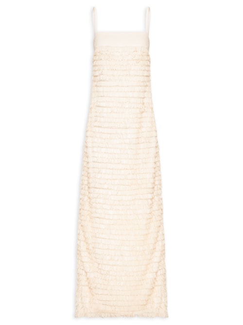 Vestido Longo Alça Paetê Franjas – Bege