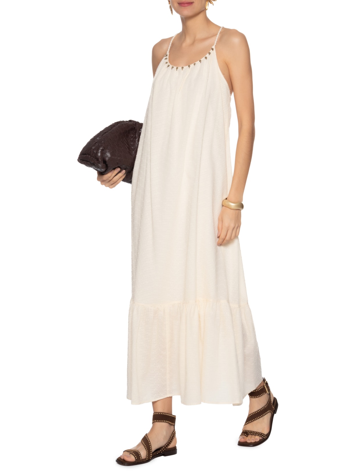 Vestido Longo Alcinha Bordado Bege Maria Filó