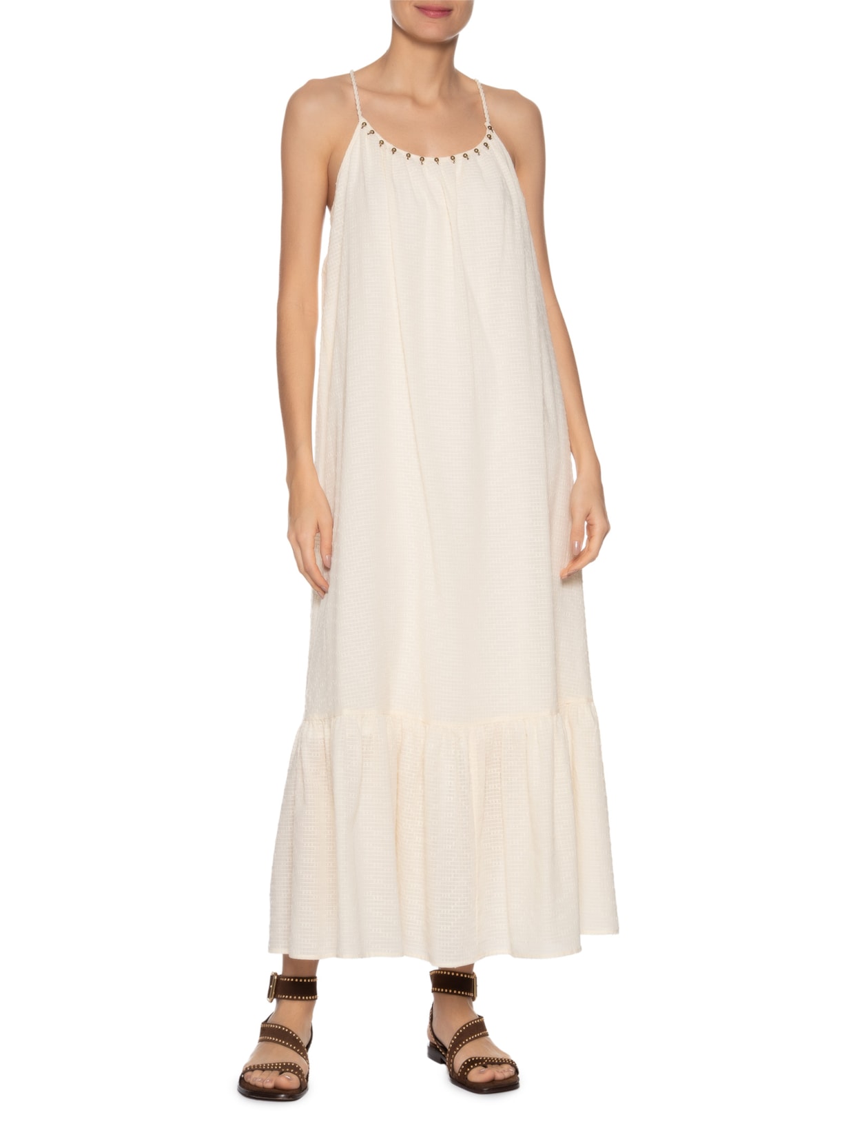 Vestido Longo Alcinha Bordado Bege Maria Filó