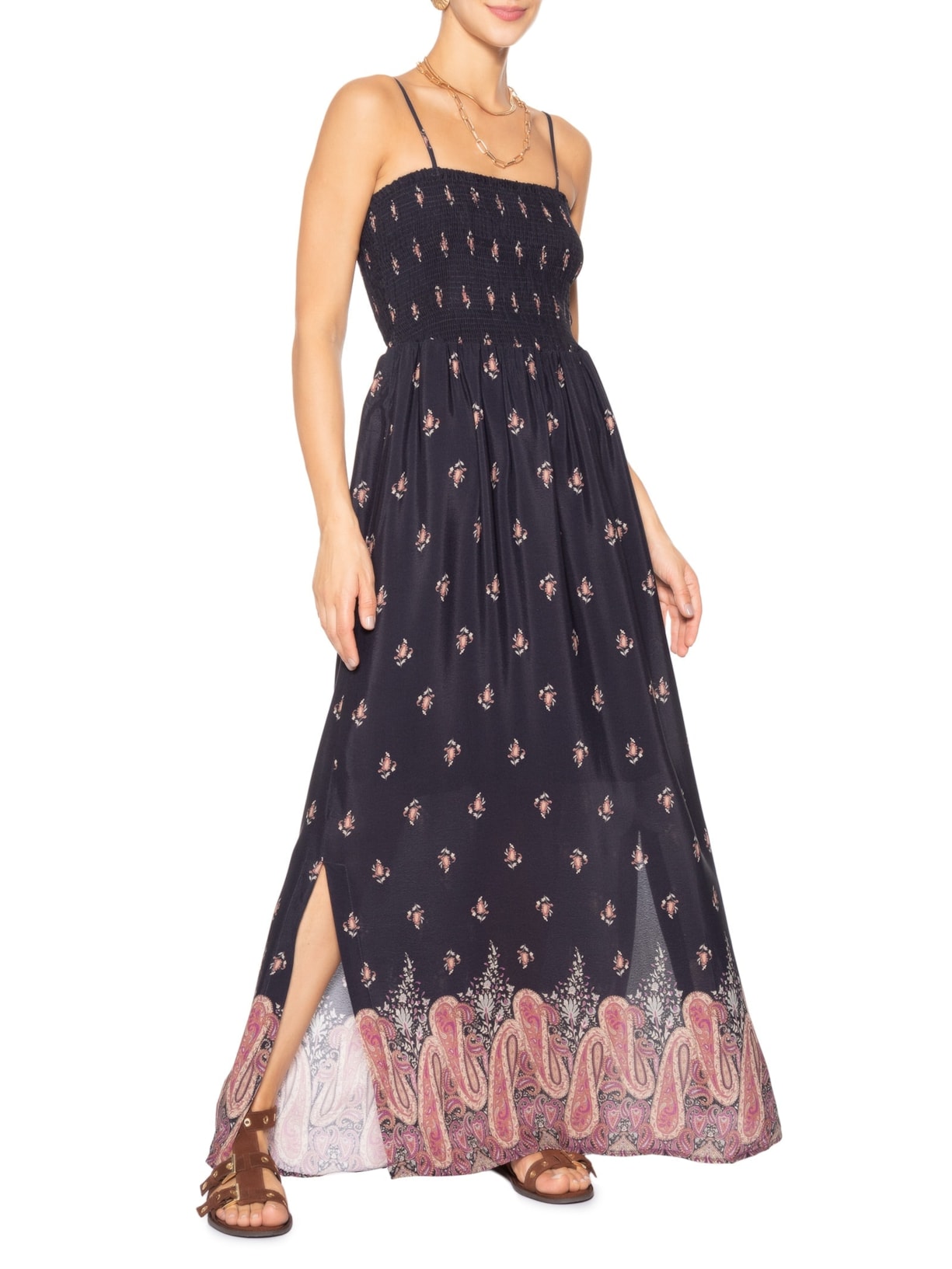 Vestido Longo Alcinha Estampada Mian Preto Maria Filó