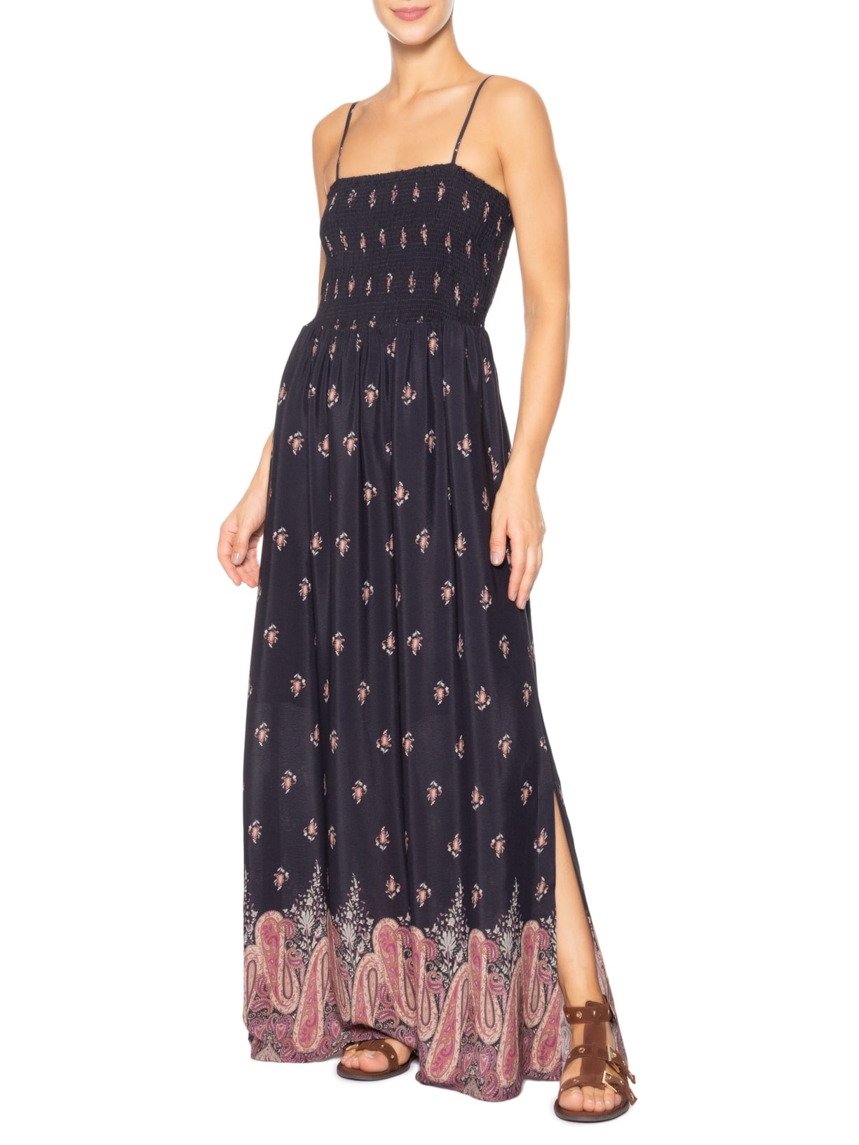 Vestido Longo Alcinha Estampada Mian Preto Maria Filó