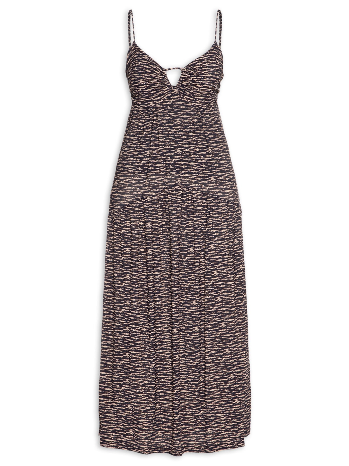 Vestido Longo Alcinhas Estampa Trace Preto Maria Filó
