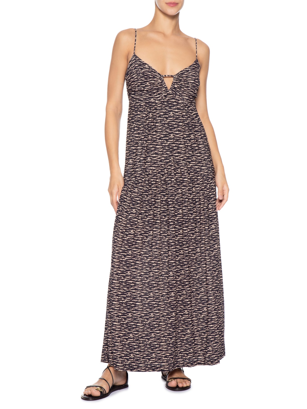 Vestido Longo Alcinhas Estampa Trace Preto Maria Filó