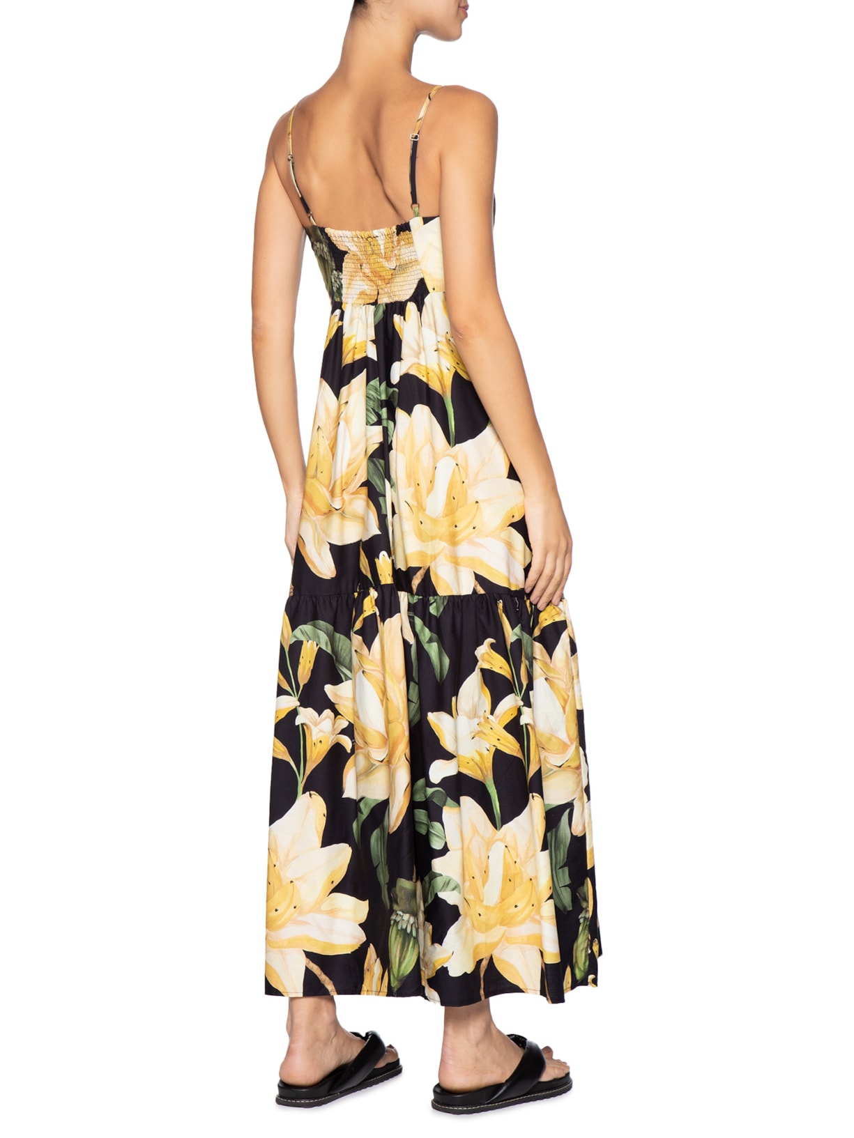 Vestido Longo Alcinhas Flor Nana Preto Farm