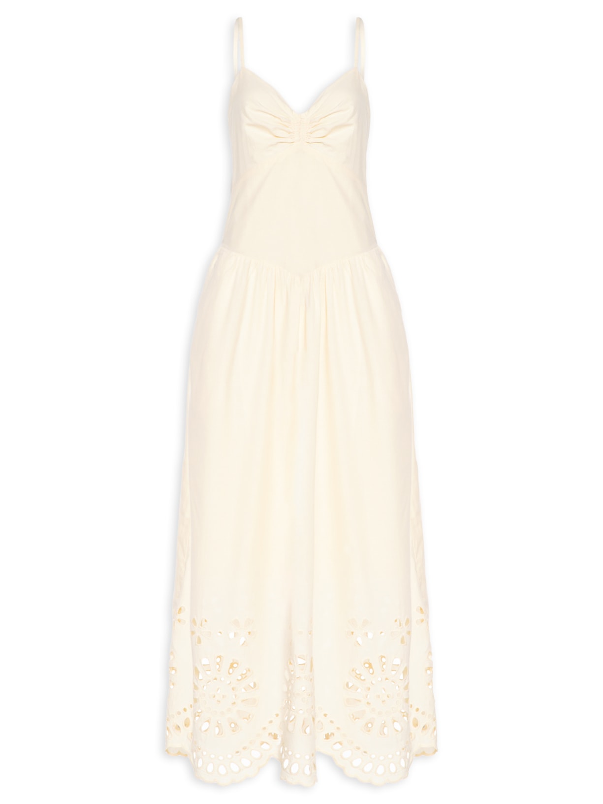 Vestido Longo Algodão Bordado Barrado - Amarelo