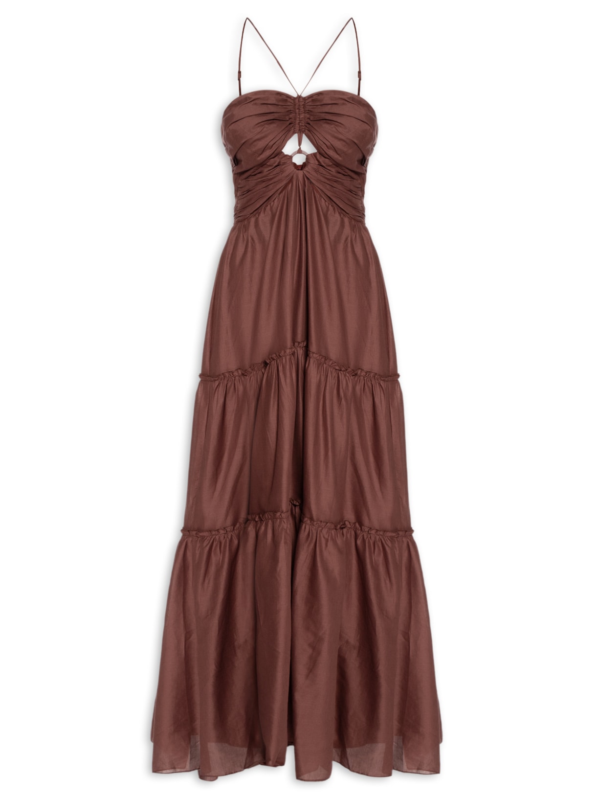 Vestido Longo Algodão Franzido Marrom Dress To