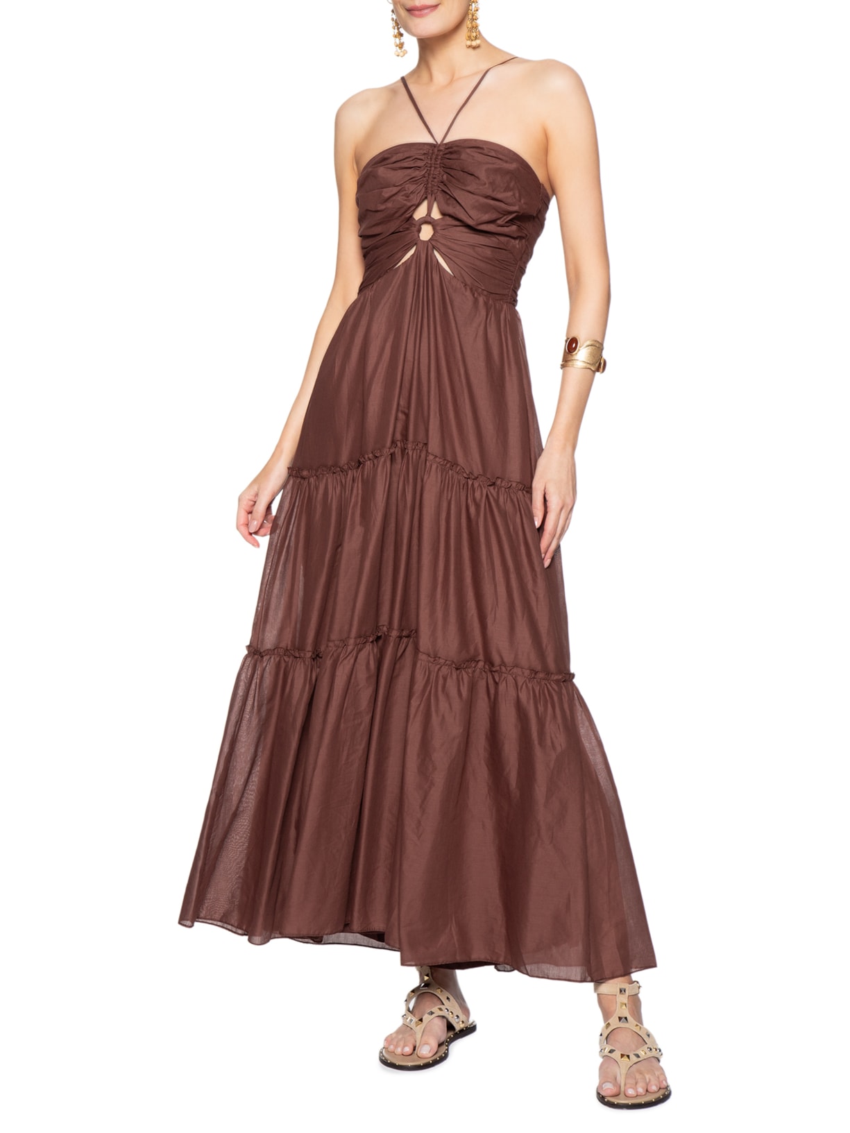 Vestido Longo Algodão Franzido Marrom Dress To