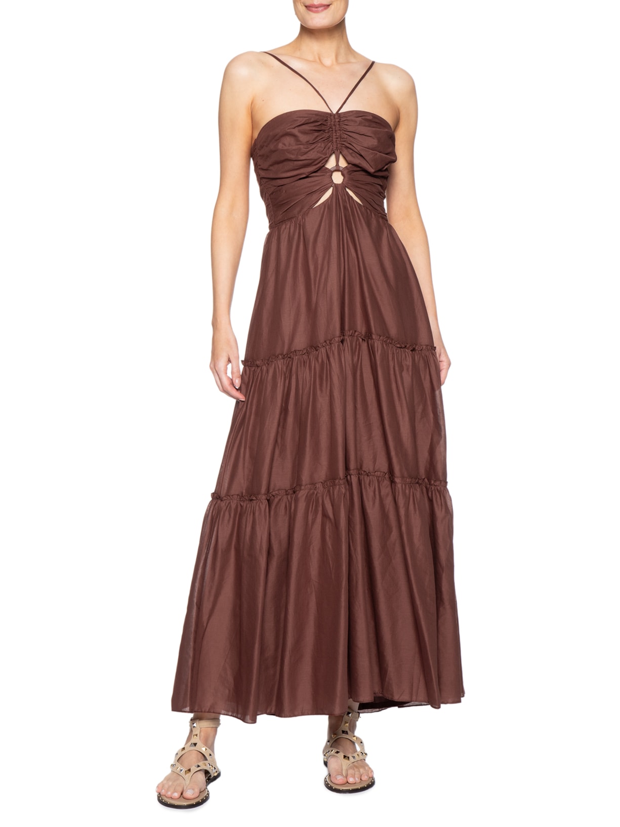 Vestido Longo Algodão Franzido Marrom Dress To