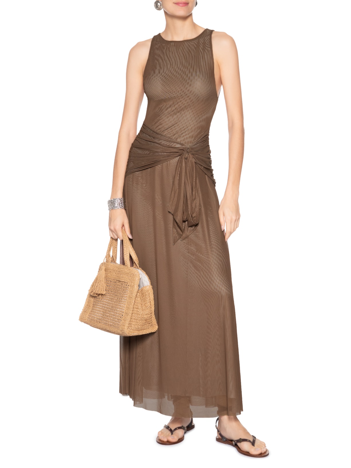 Vestido Longo Amarração Tule Marrom Farm