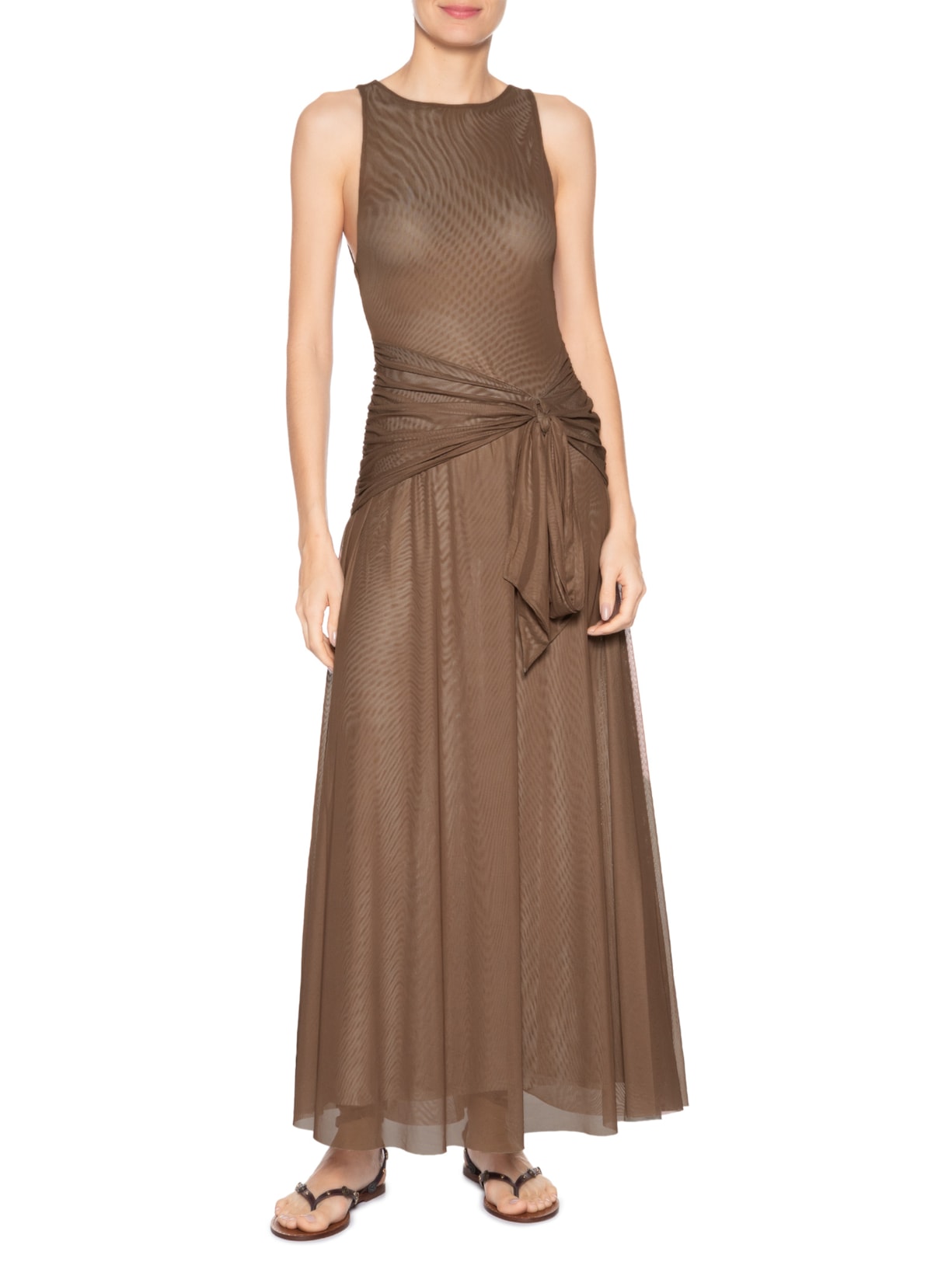 Vestido Longo Amarração Tule Marrom Farm