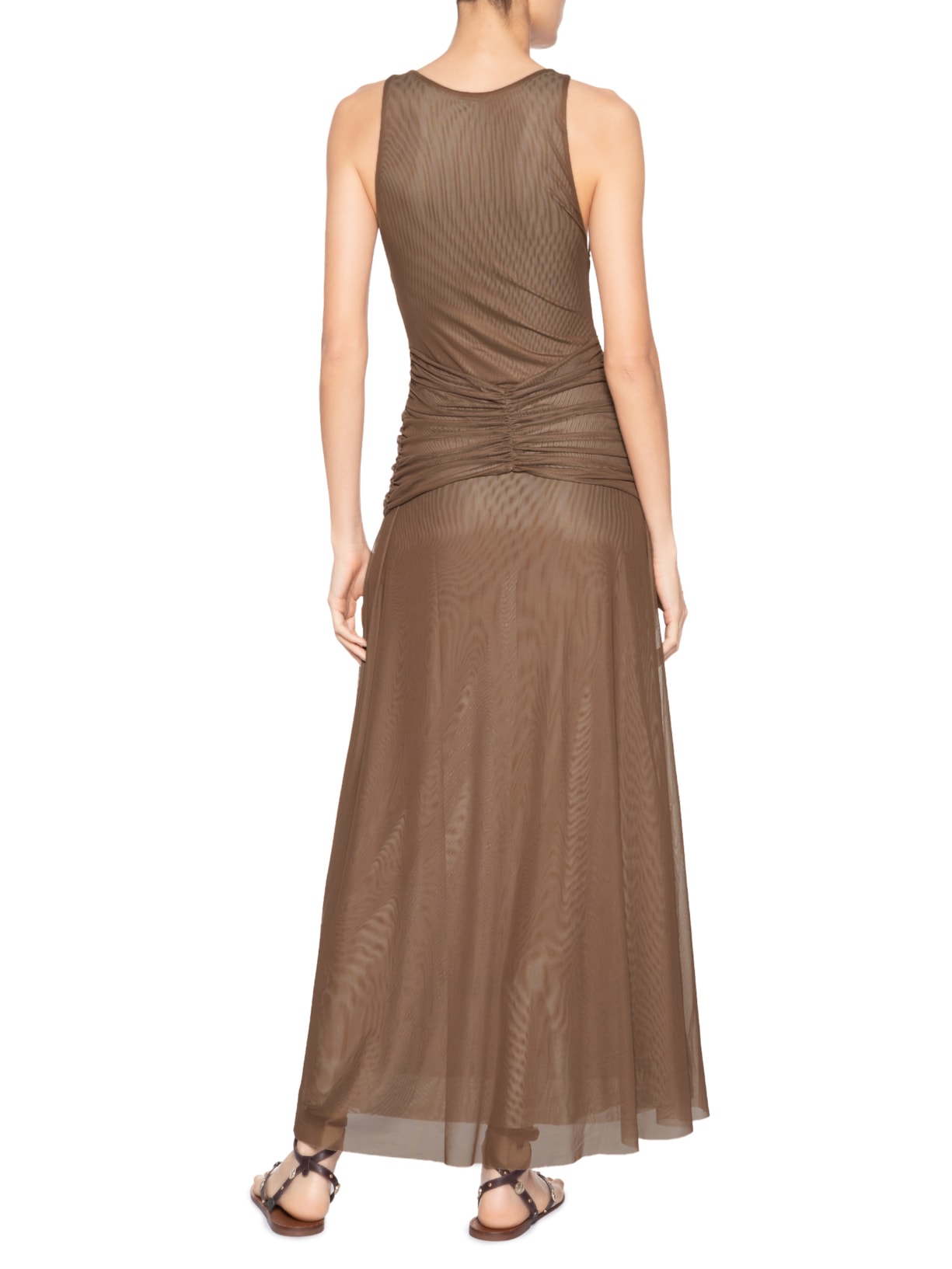 Vestido Longo Amarração Tule Marrom Farm