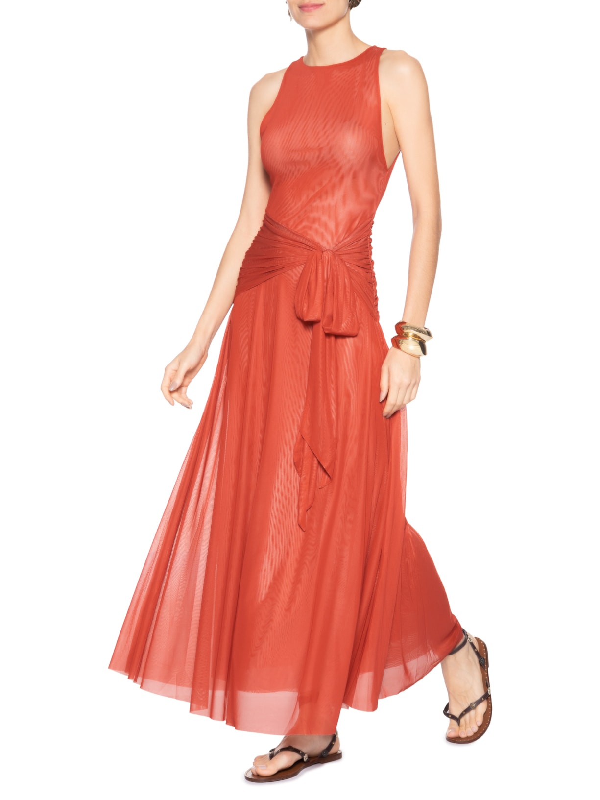 Vestido Longo Amarração Tule Vermelho Farm