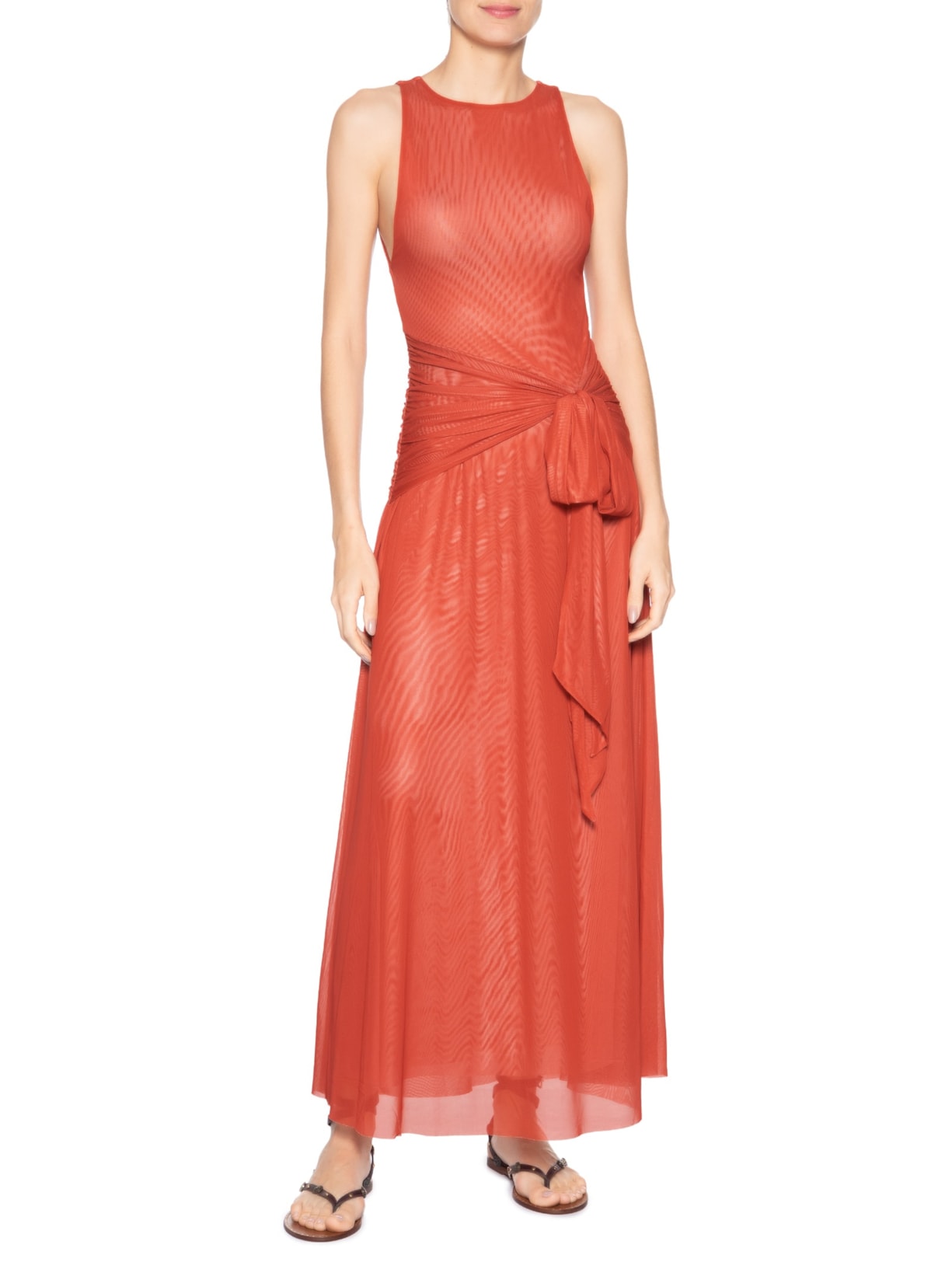 Vestido Longo Amarração Tule Vermelho Farm