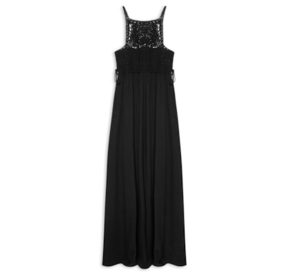 Vestido Longo Aplicação Crochê - Preto