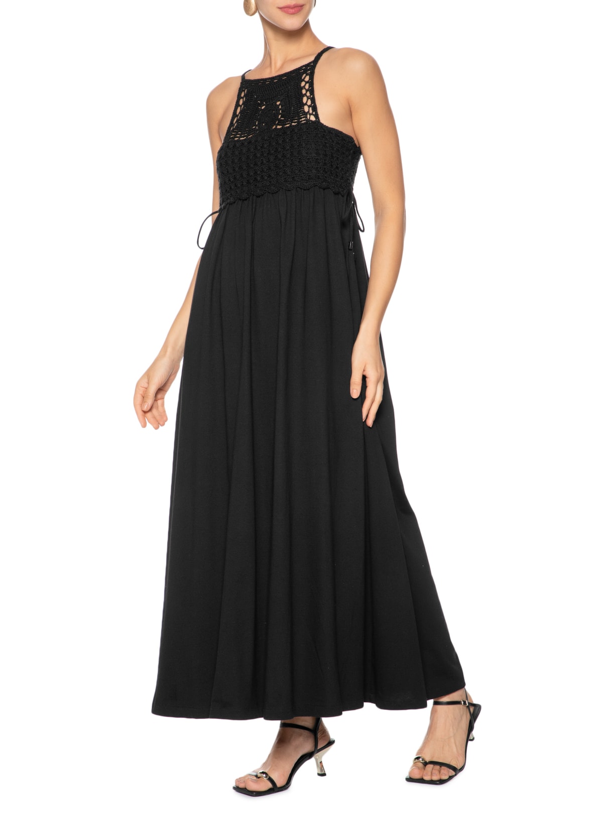 Vestido Longo Aplicação Crochê Preto Animale