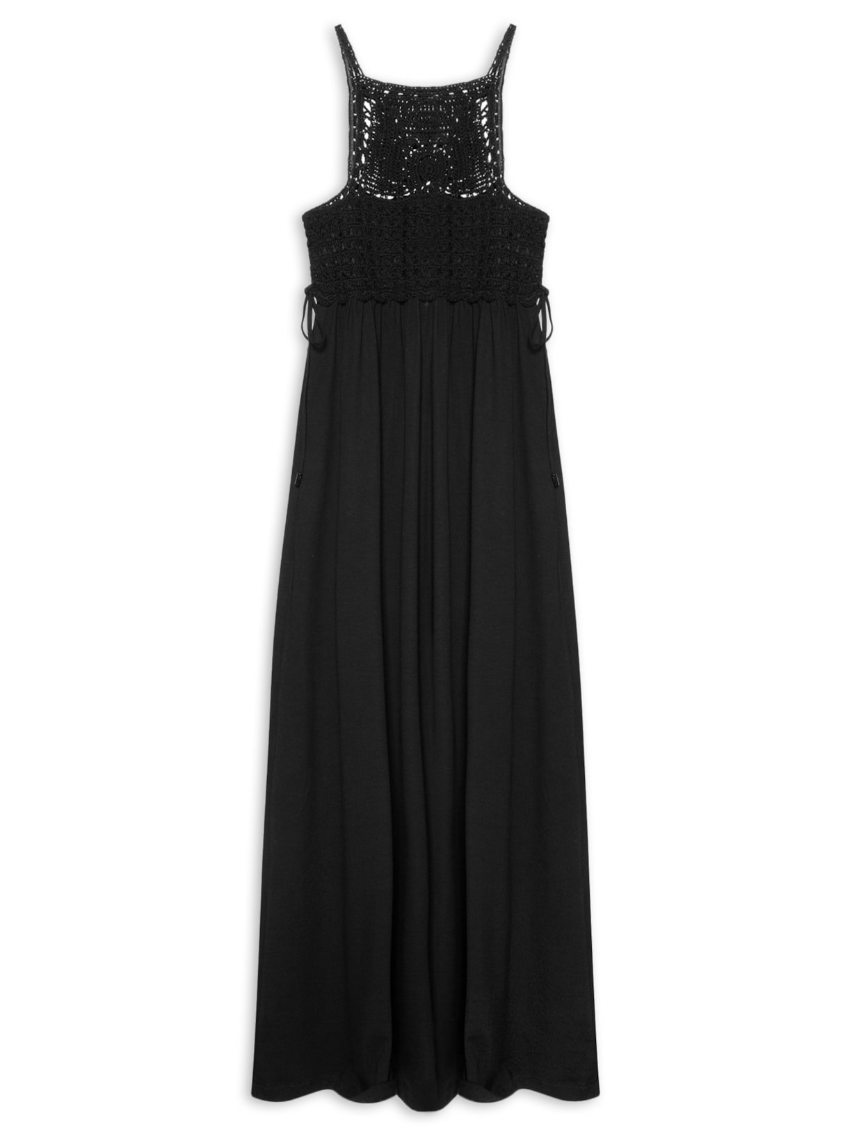 Vestido Longo Aplicação Crochê - Preto