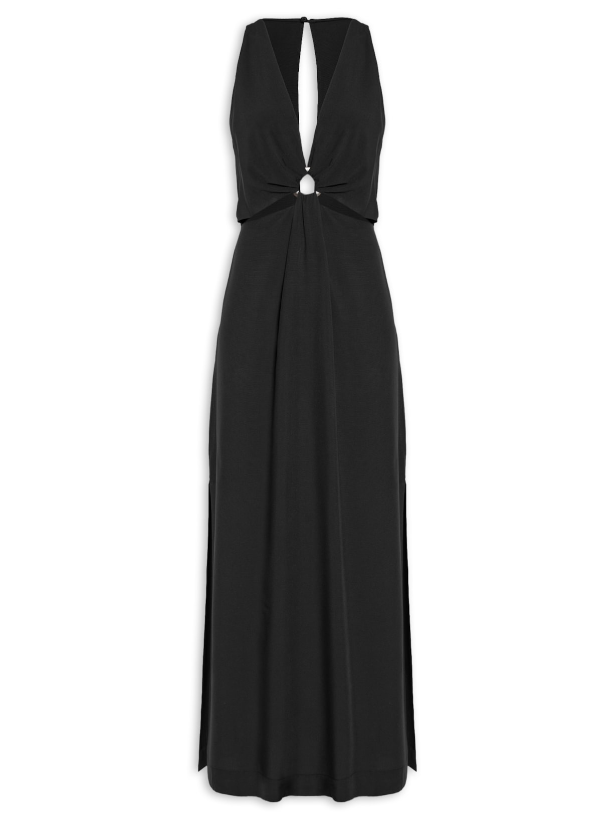 Vestido Longo Argola Decote Frente - Preto