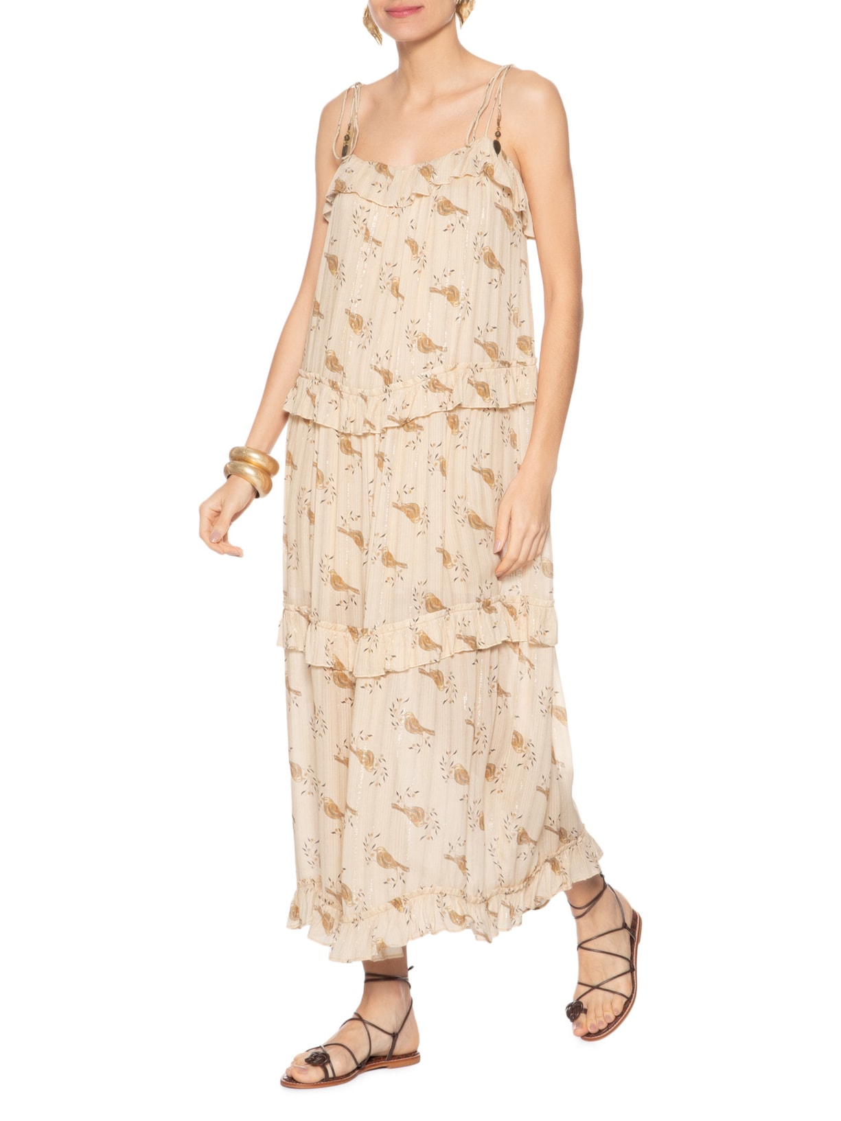 Vestido Longo Babados Estampa Sunny Bege Maria Filó