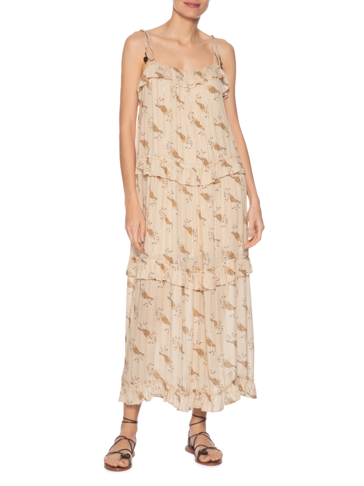 Vestido Longo Babados Estampa Sunny Bege Maria Filó