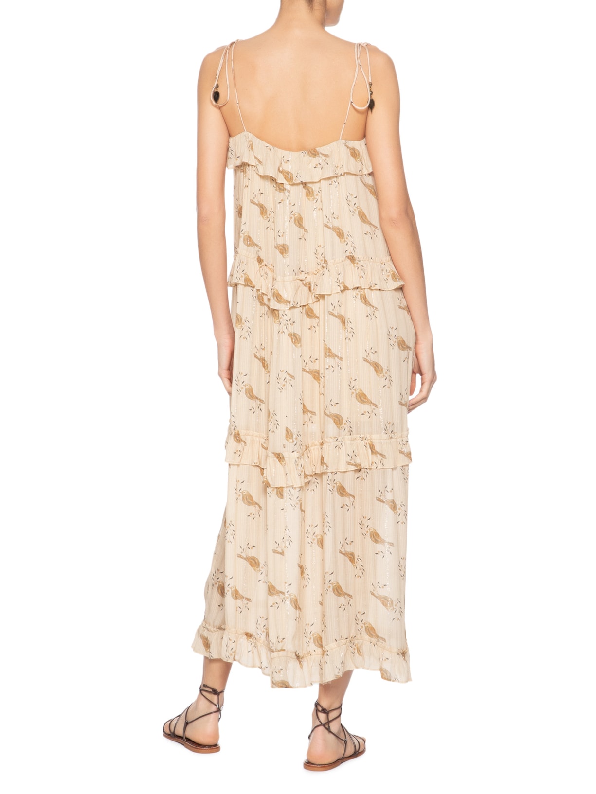 Vestido Longo Babados Estampa Sunny Bege Maria Filó