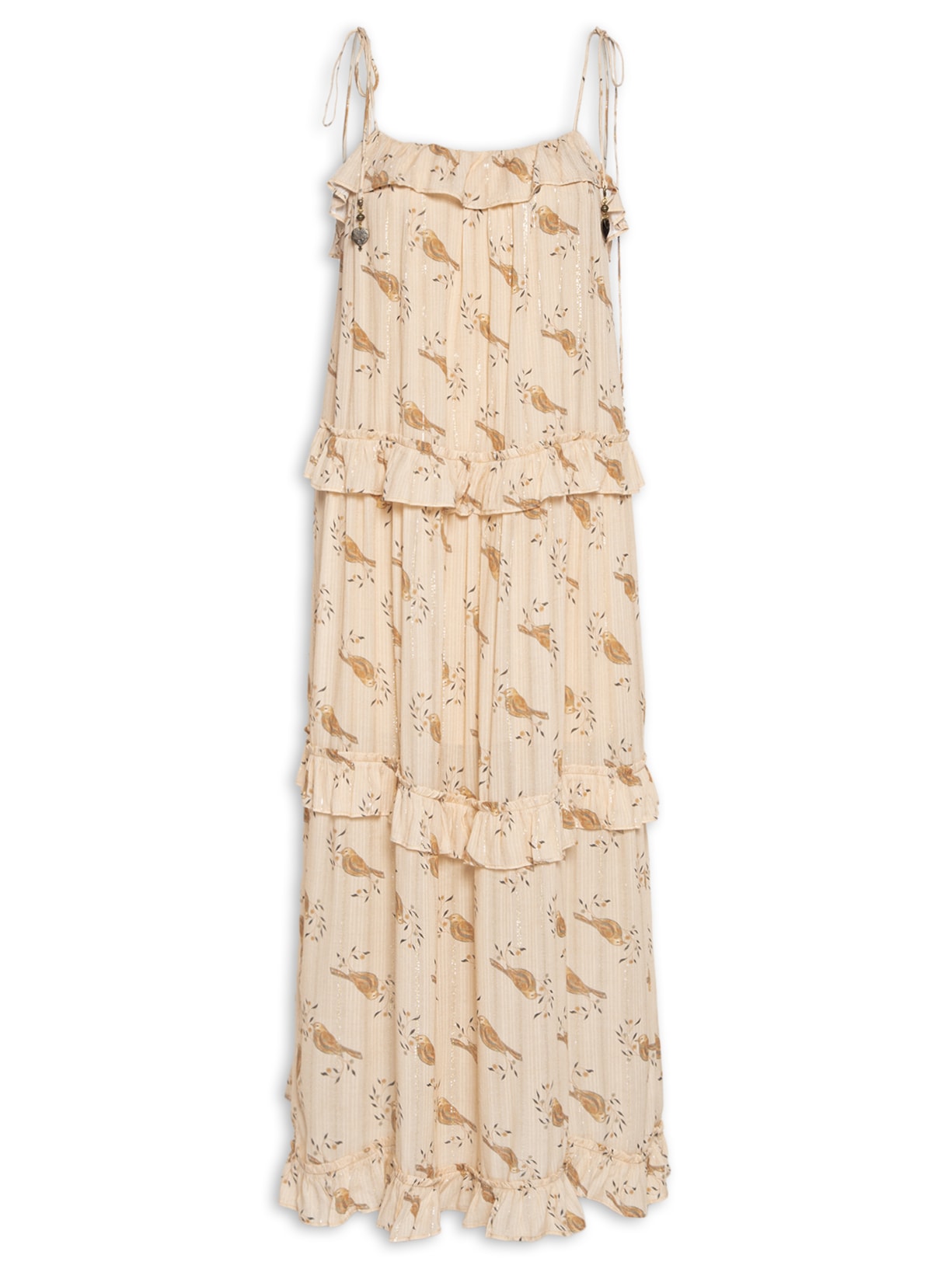 Vestido Longo Babados Estampa Sunny Bege Maria Filó