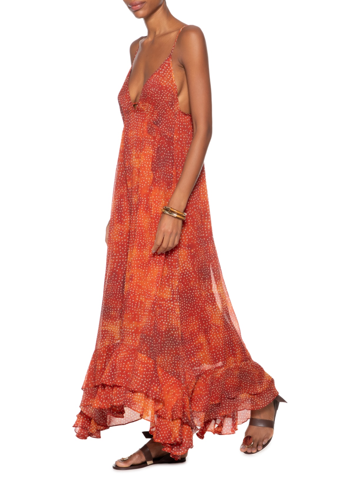 Vestido Longo Barra Babado Laranja Animale