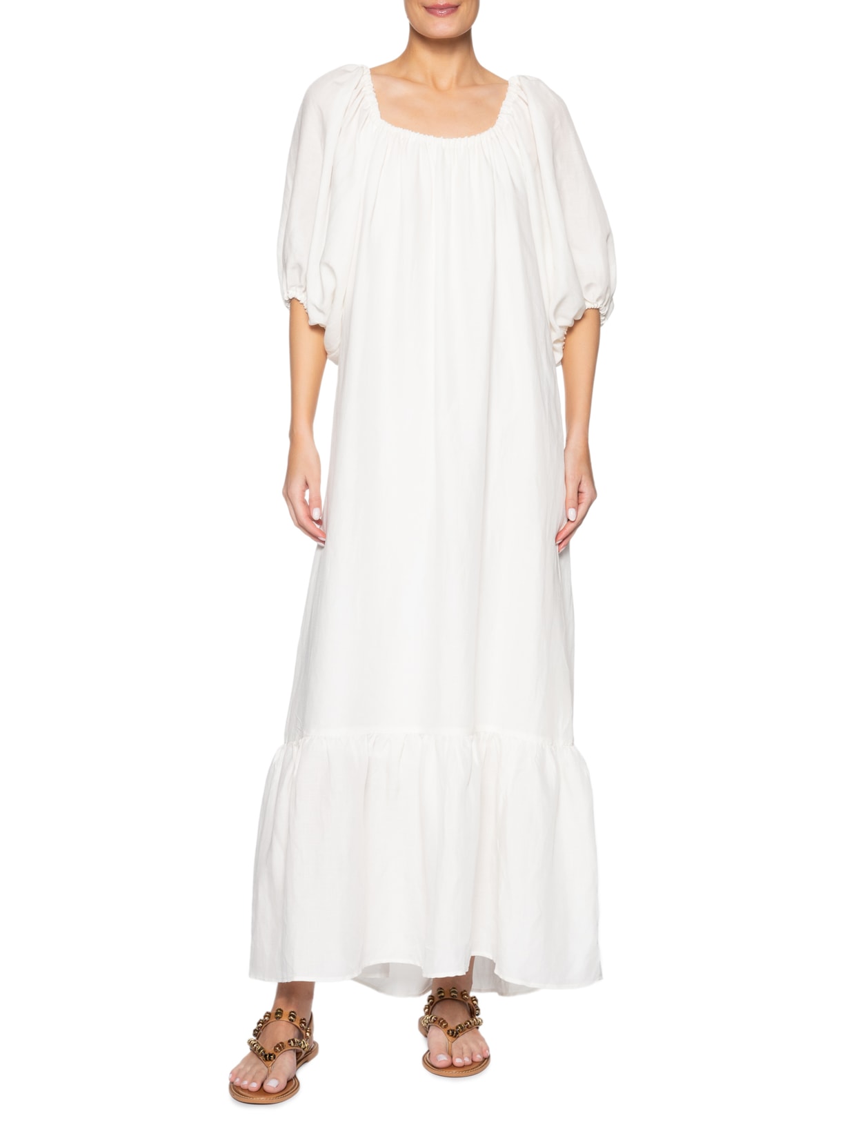 Vestido Longo Barra Babado Off White Maria Filó