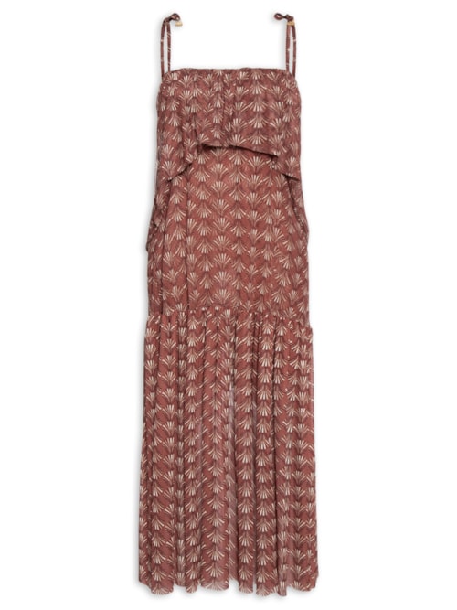 Vestido Longo Bata Estampa Conchário - Vermelho