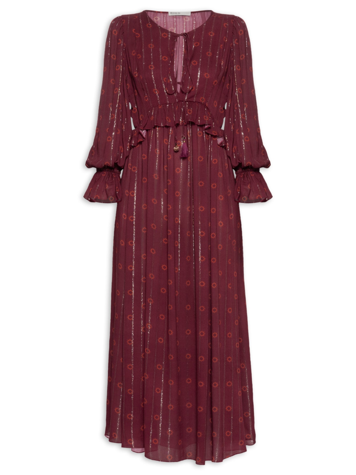 Vestido Longo Boho Lurex Estampa Solar - Vinho