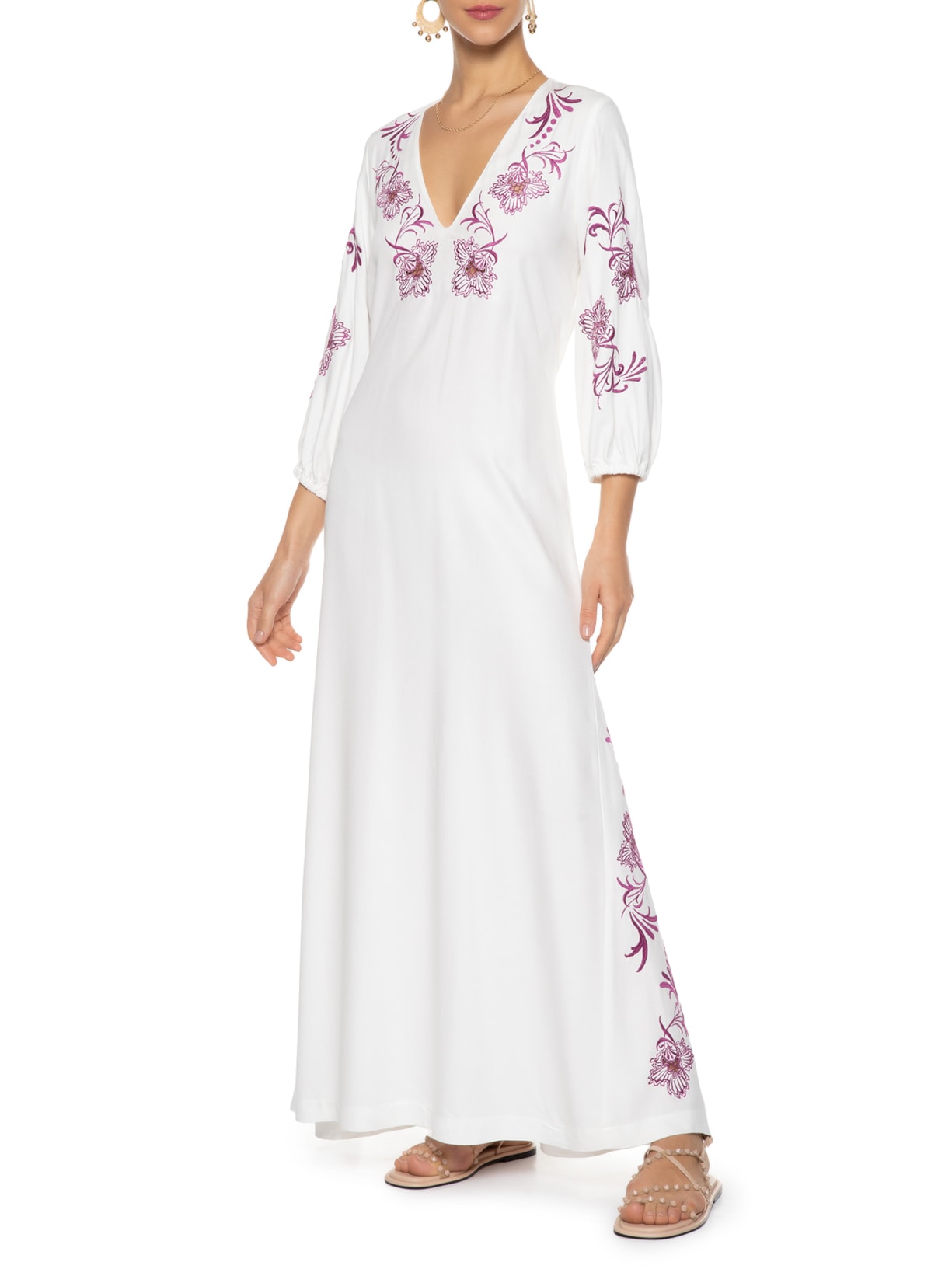 Vestido Longo Bordado Coral Branco Maria Filó