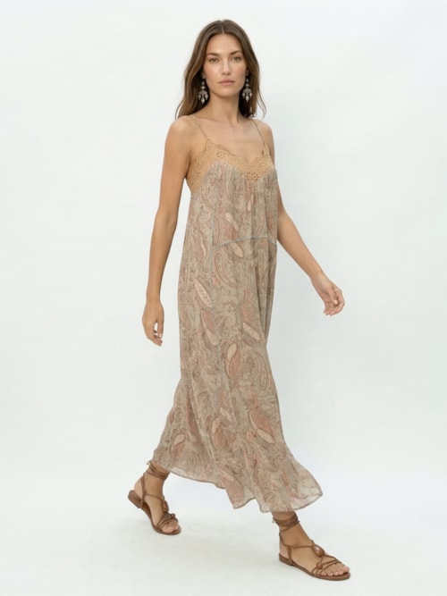 Vestido Longo Bordado Estampa Folk - Rosa