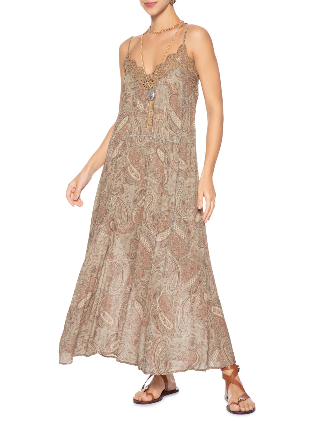 Vestido Longo Bordado Estampa Folk Rosa Maria Filó