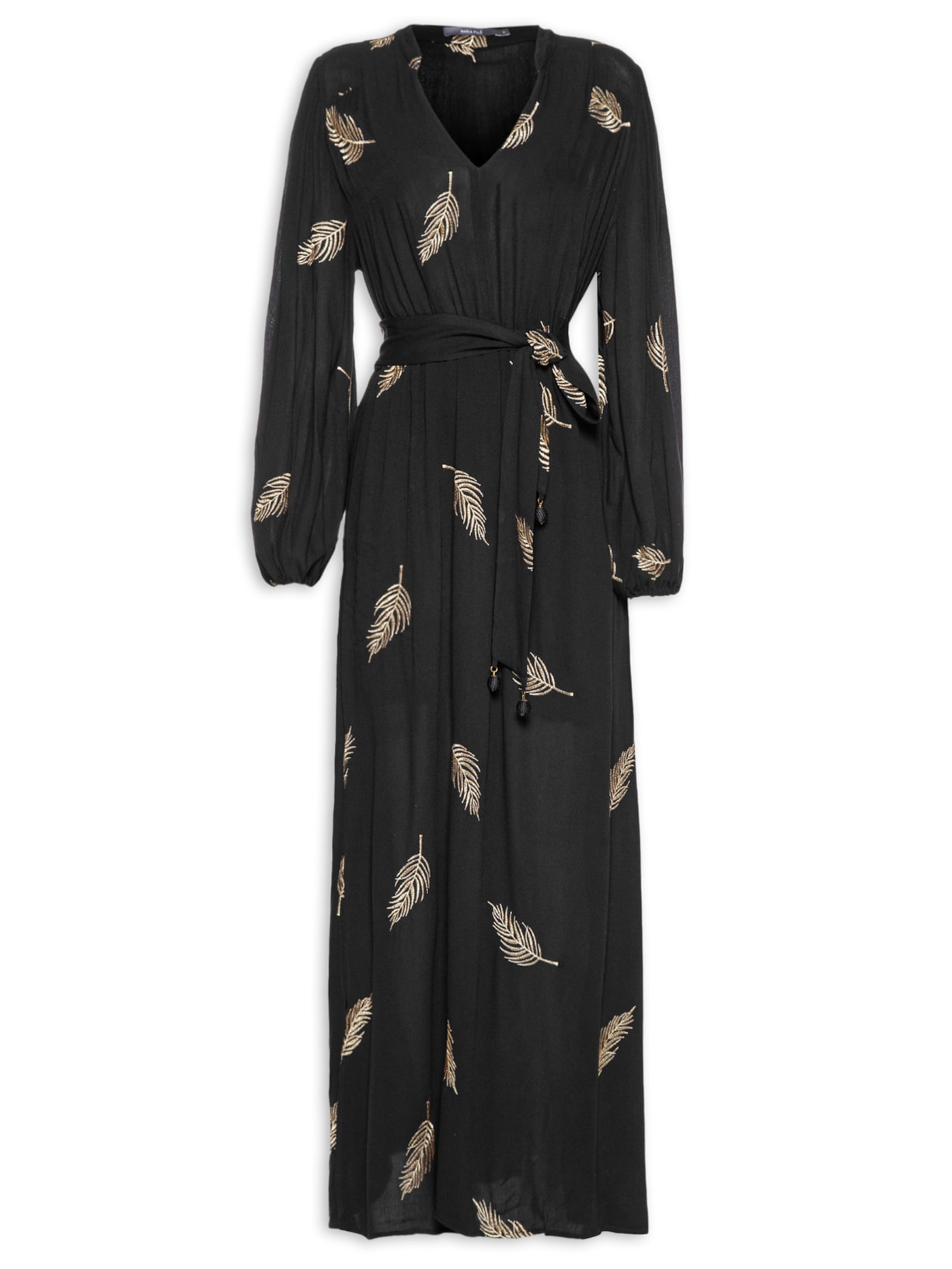 Vestido Longo Bordado Folha Bangkok - Preto