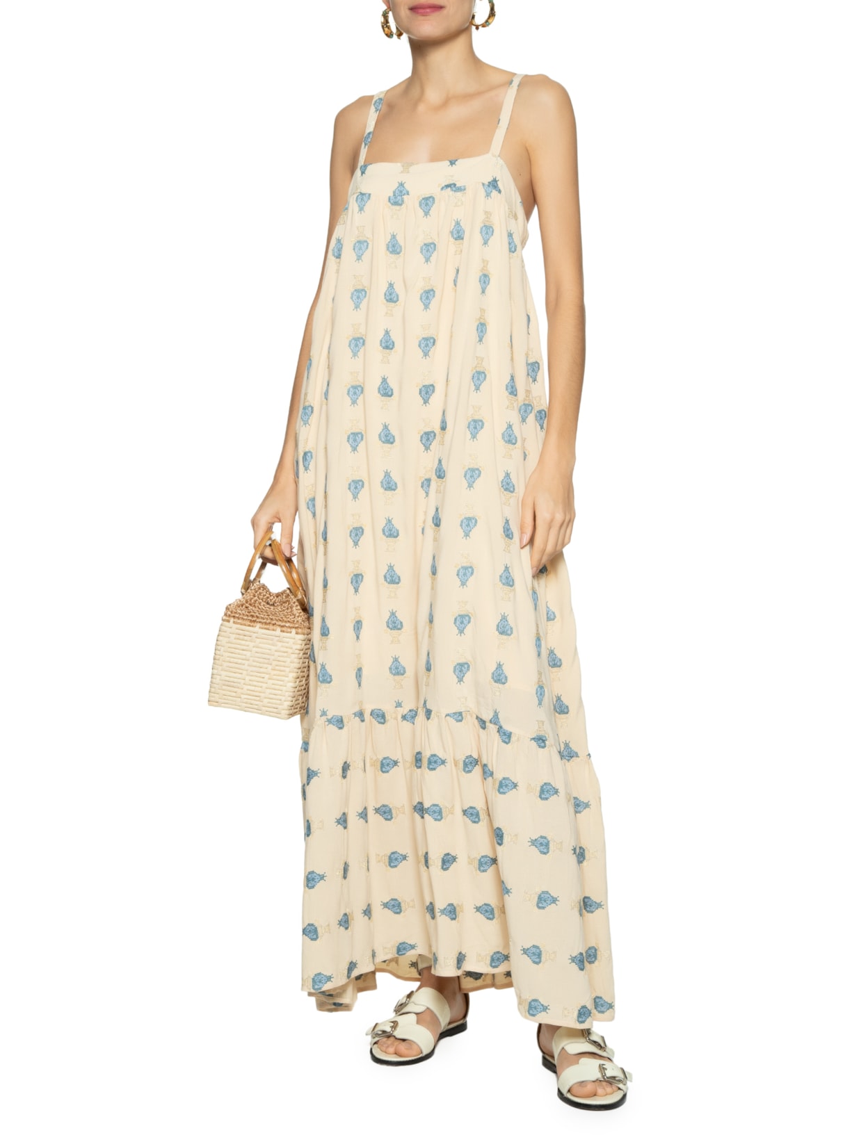 Vestido Longo Bordado Vasos Maria Filó Bege