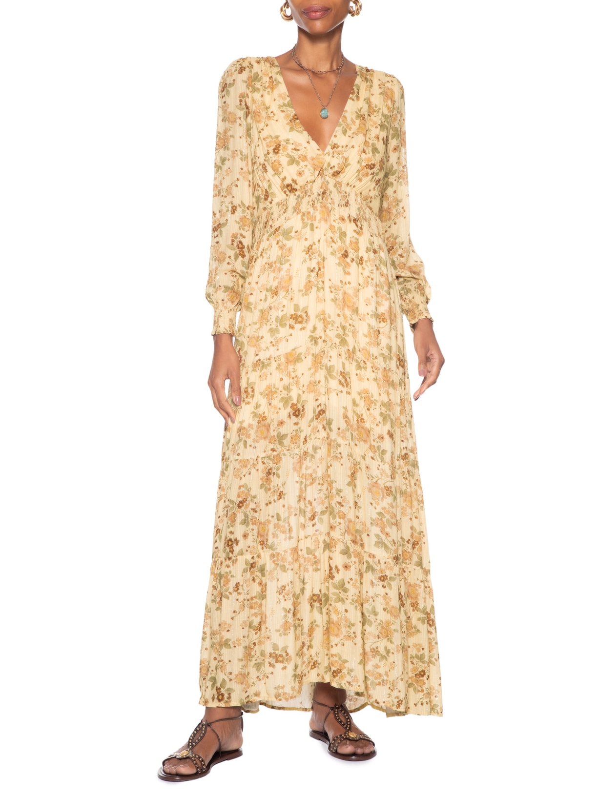 Vestido Longo Camadas Estampa Blush Bege Maria Filó