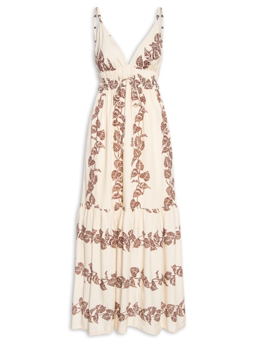 Vestido Longo Cambraia Estampa Inspira - Marrom
