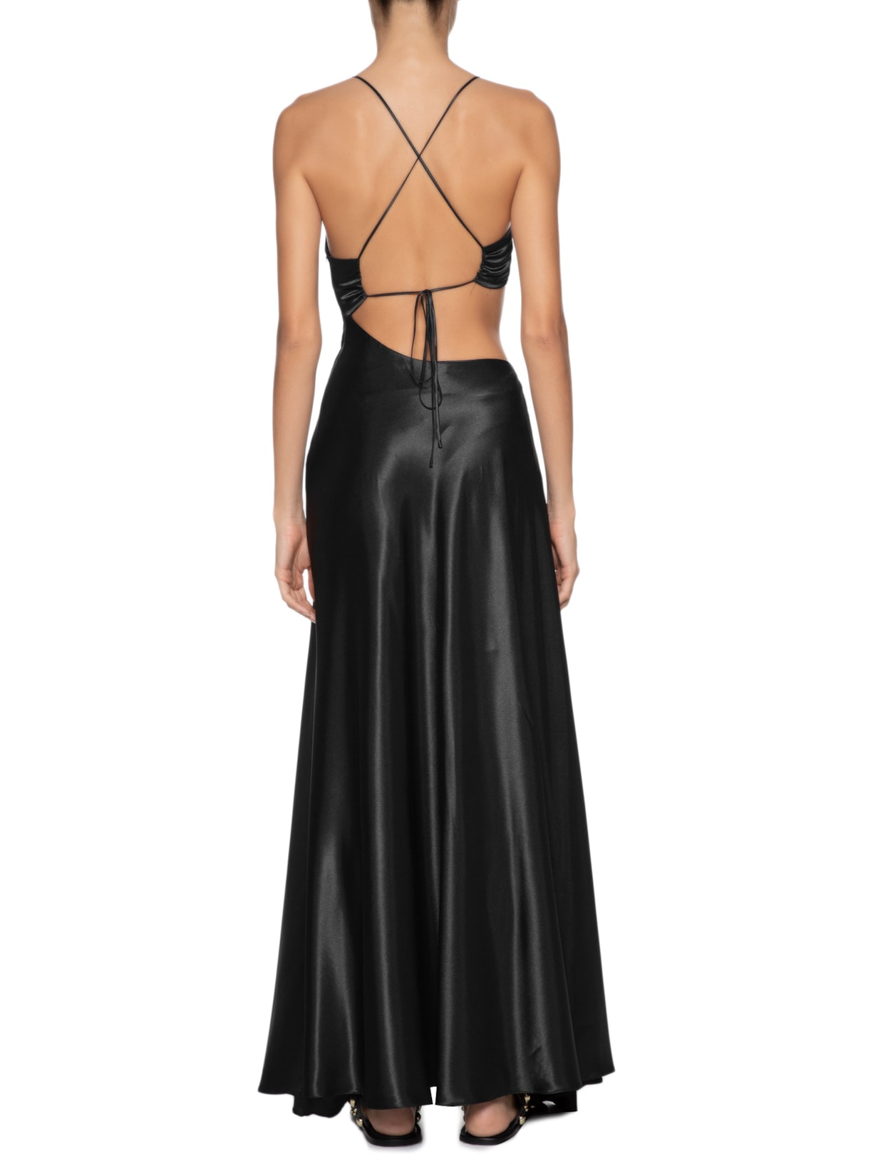 Vestido Longo Cetim Recorte Cintura Love Dress Preto